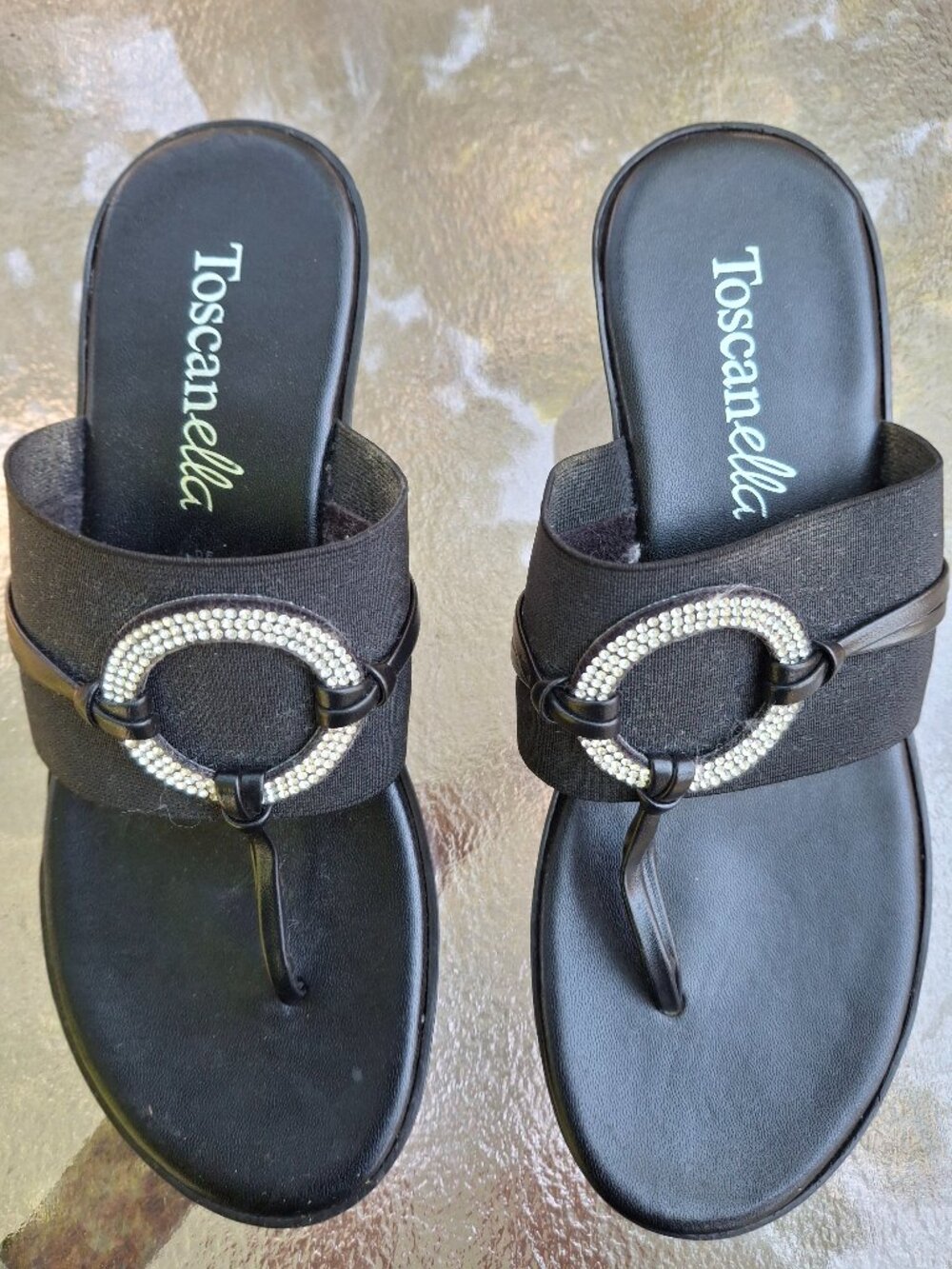 Toscanella Italian Black Patent Leather Thong Rhinestone Sandals- 7.5